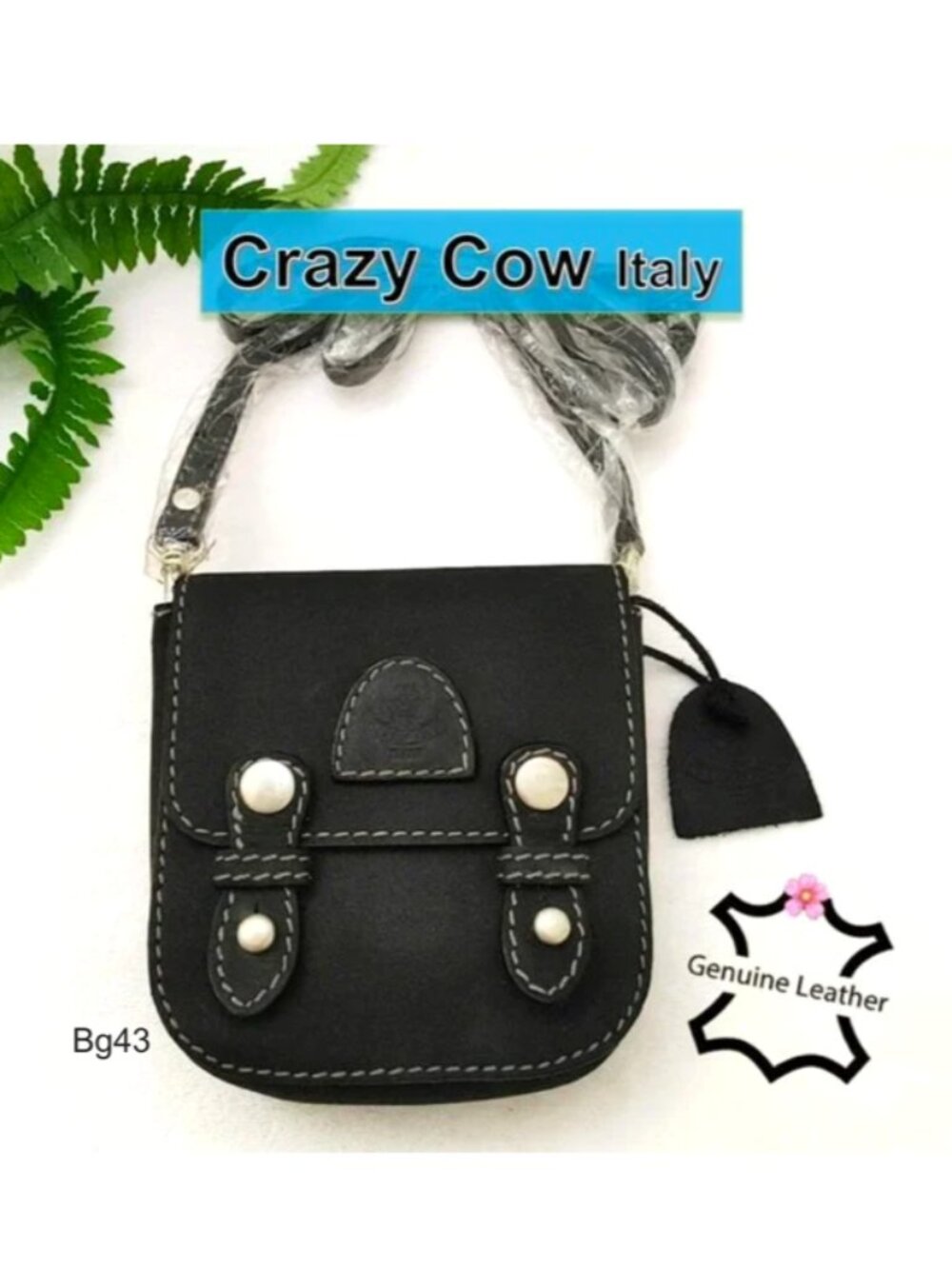 CRAZY COW Italy Unisex Black Genuine Leather Matte Crossbody Purse Belt Bag Flap